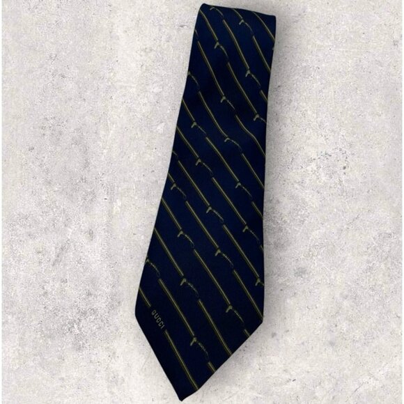 GUCCI VINTAGE Silk Tie ITALY Navy Beige Brown Horse Bit Brand GUCCI W:4
